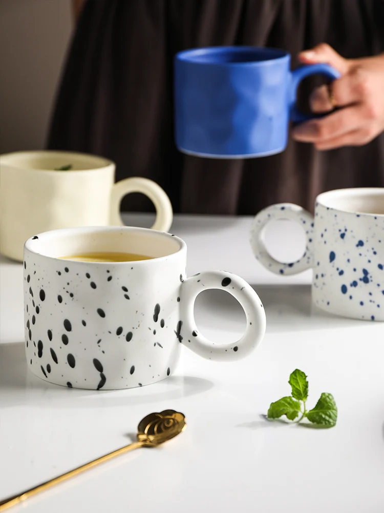 Chubby Handle Splashing Ink Ceramic Mug Coffee Nordic Style Simple Office Tea Cup Cute Mugs and Cups 300ML