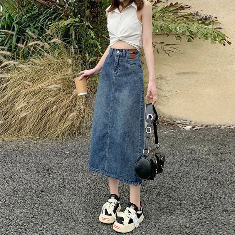 

New Women’s High Waist Jeans Skirt Vintage Denim Skirts Straight Side Buttocks Wrapped Slit A-Line Mid Length Skirt Female