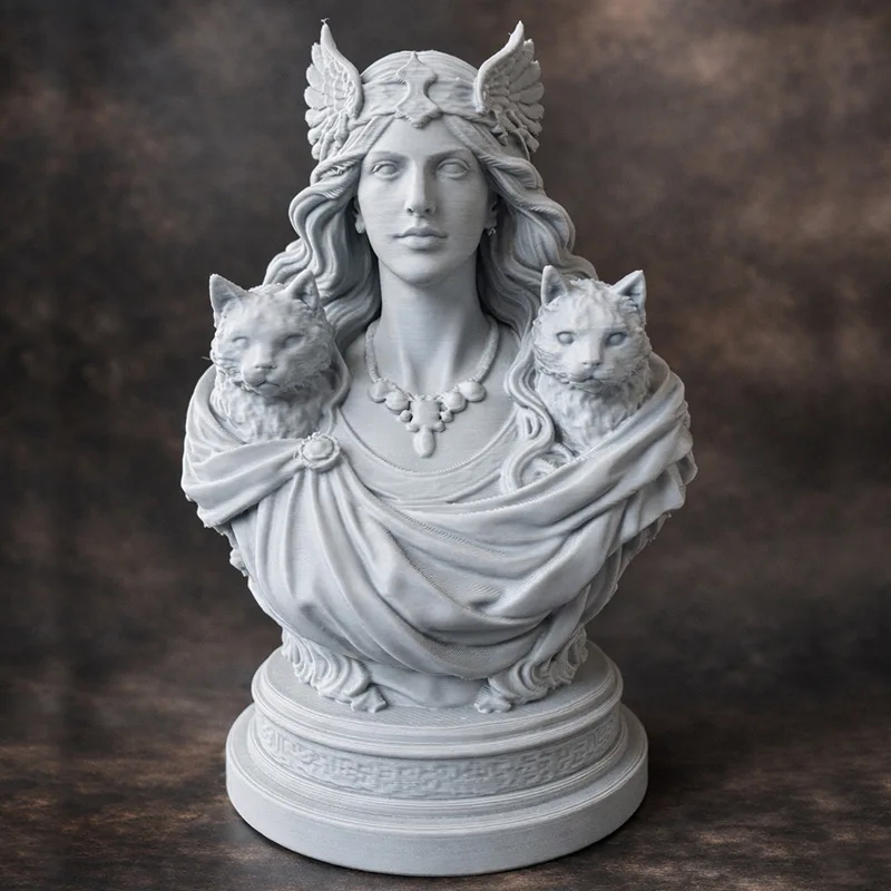 Freya Norse Goddess Bust Statue, Two Cats Sculpture, Viking Mythology Resin Figurine Decor Gift