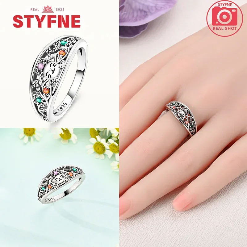 Silver 925 Ring Colorful Zircon Cat Flower Enamel Rings for Women Fingers Original Wedding Engagement Fine Jewelry Gift