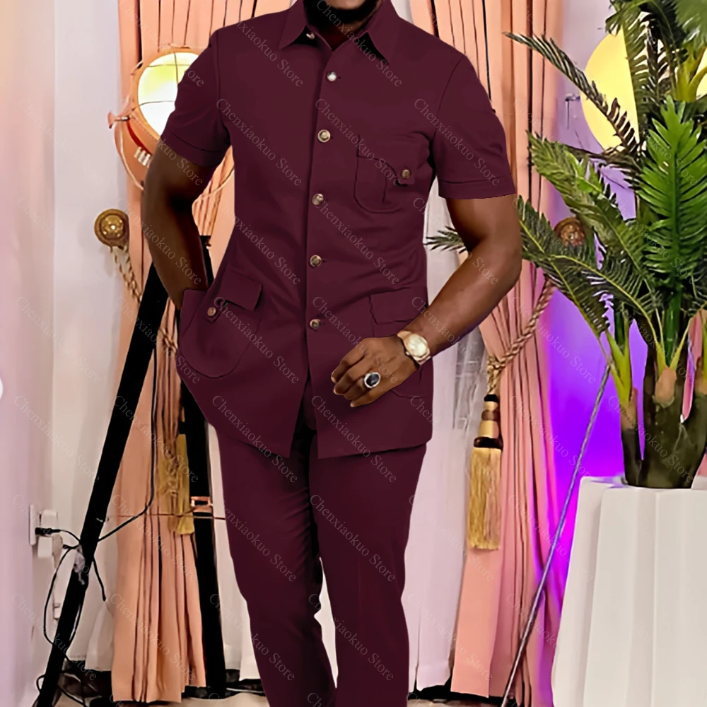 Men's Short Sleeve Two Piece Suit Stylish Multiple Pockets Single Breasted Outfit Casual Daily Formal Party Wedding Suits