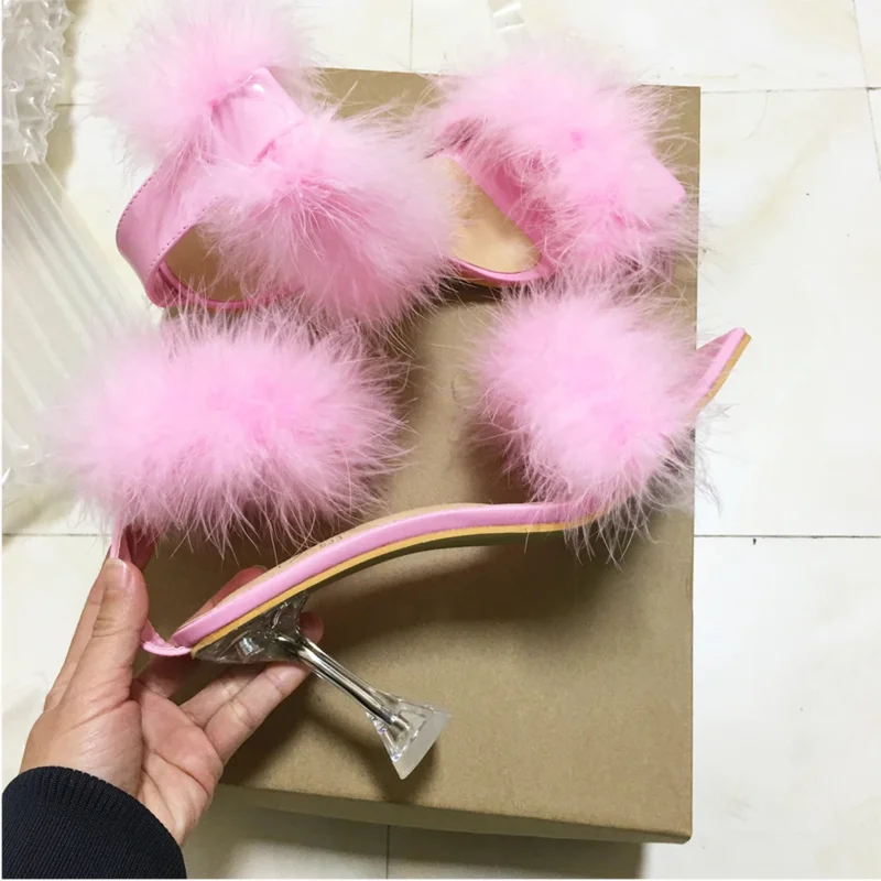 Feather sandals women furry high heels ankle plush sandals woman transparent heels with fur stripper heeled sandal women evening