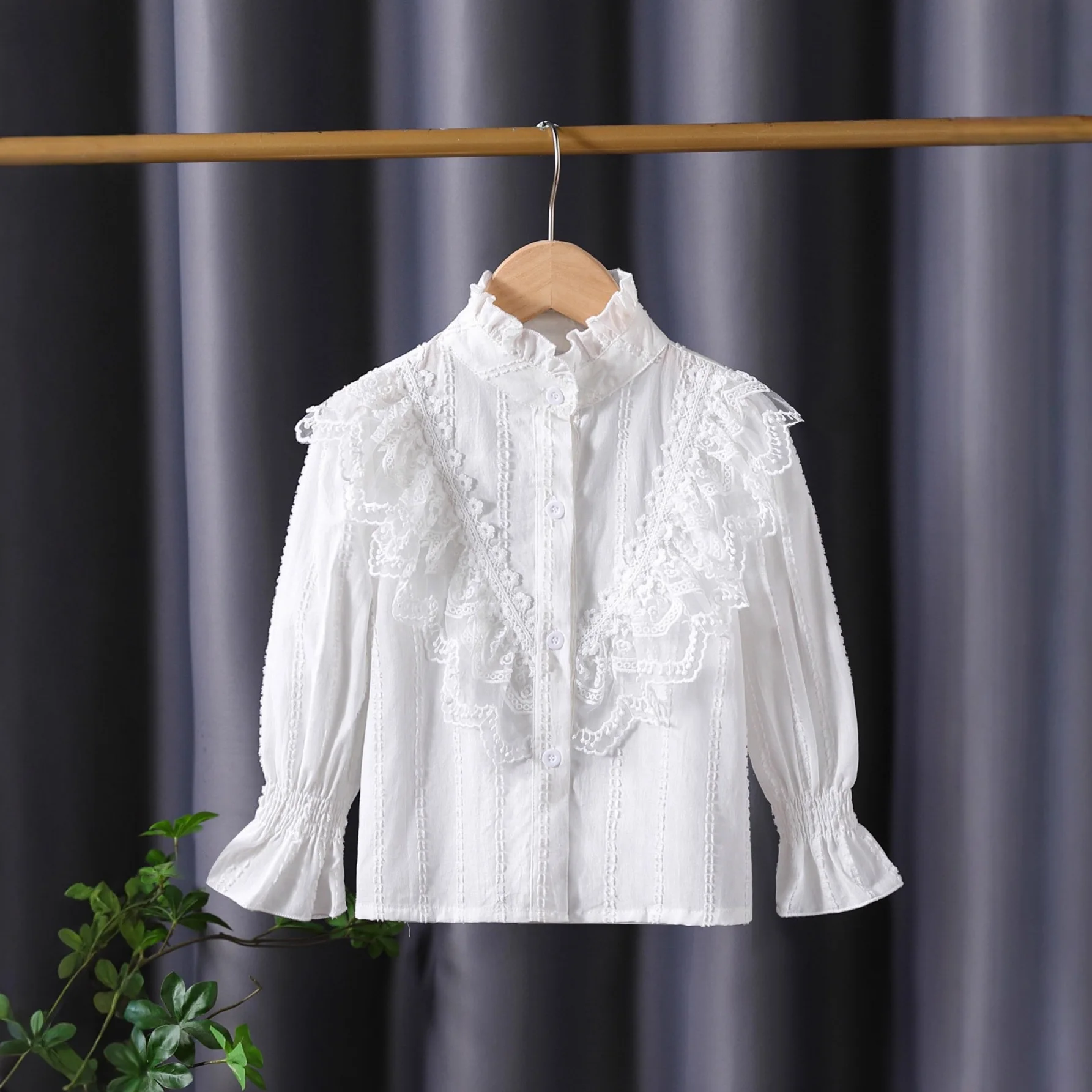 

Kids clothes girls blouse long-sleeved 2025 spring and autumn new fashion children's cotton lace stand-up collar princess top