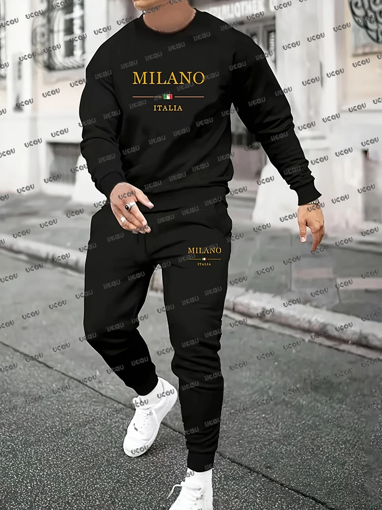 

MILANO Letter Printed Men Tracksuit Suit Autumn Winter Hoodies 2 Pieces Set Casual Suit Fitness Set Male Street Hooded Pullover
