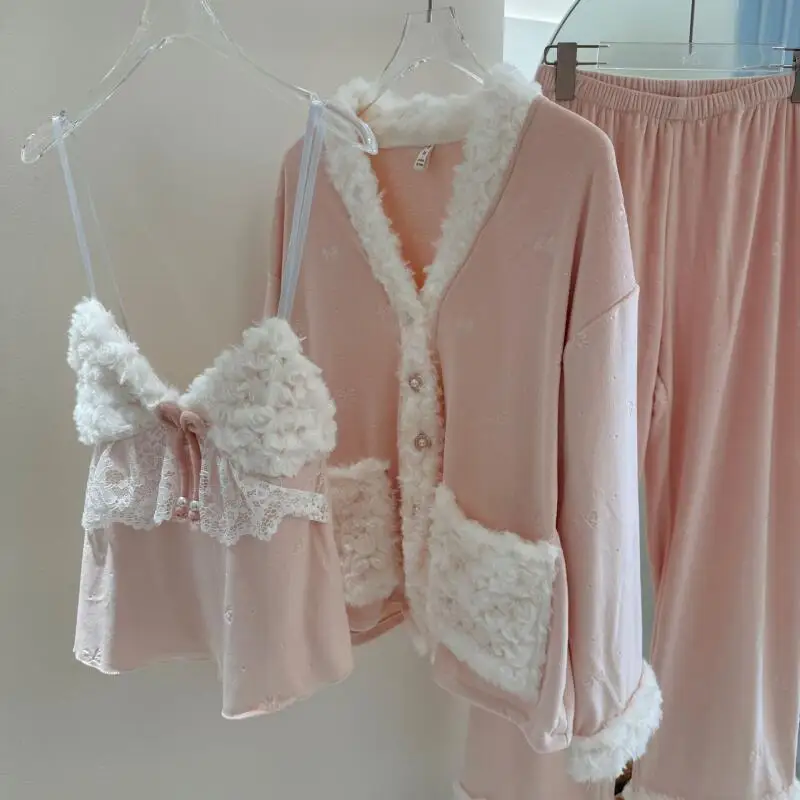 

New Pajamas Set Women Long Sleeve Pants Nightwear Thickened Homewear Three Piece Set Autumn Winter Sleepwear Set