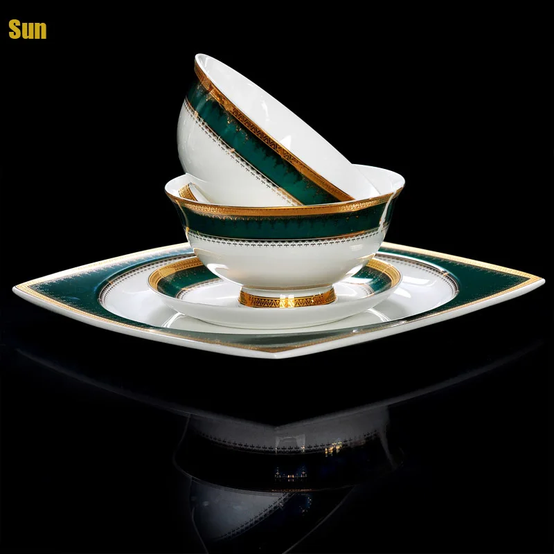 European Style Bone China Tableware Emerald Ceramic Bowls Plates Green Porcelain Dinnerware Set Wedding Gift