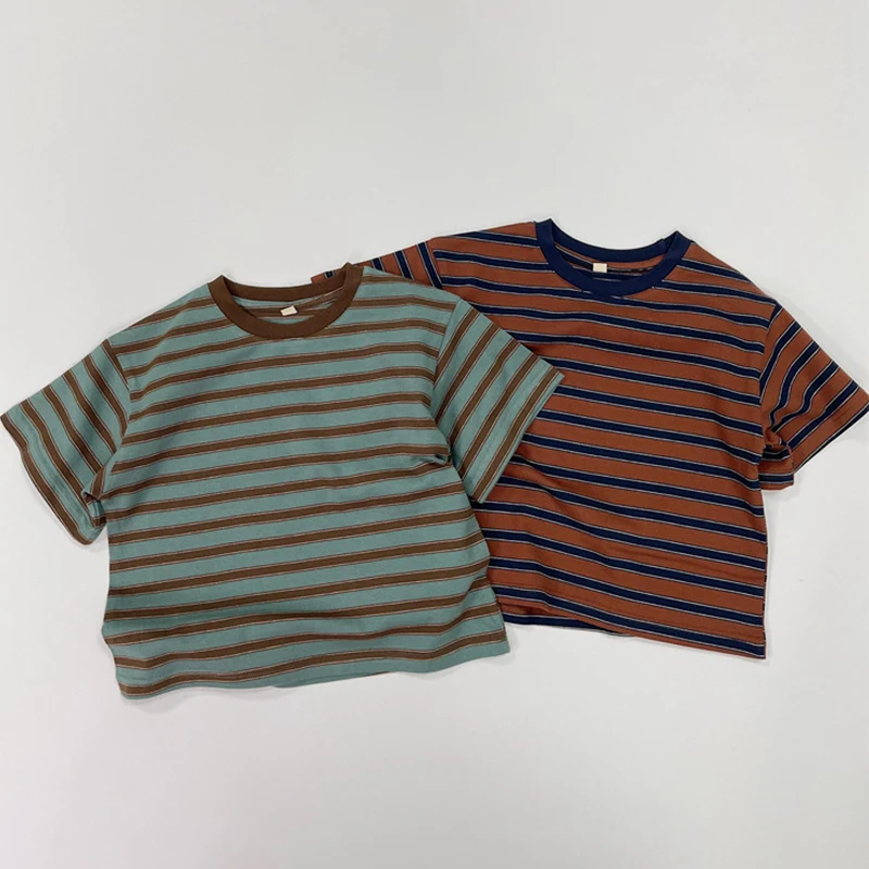 New Summer Baby Boys T-shirt Cotton Striped Simple Short Sleeve Tees Tops For 1 2 3 4 5 6 Years Kids Children Casual Clothes