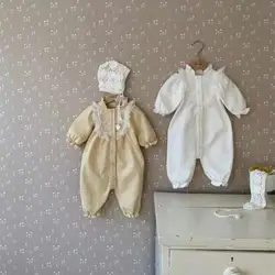 Barboteuse à manches longues pour bébé fille de 0 à 24 mois, combinaison en coton et dentelle, salopette pour nouveau-né, nouvelle collection printemps-automne 2024