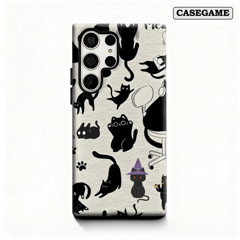 Casegame Phone Case for Samsung Galaxy S25 S26 Ultra S24 S23 Ultra Plus Shockproof Double Layer Black Cat Doodles Cover