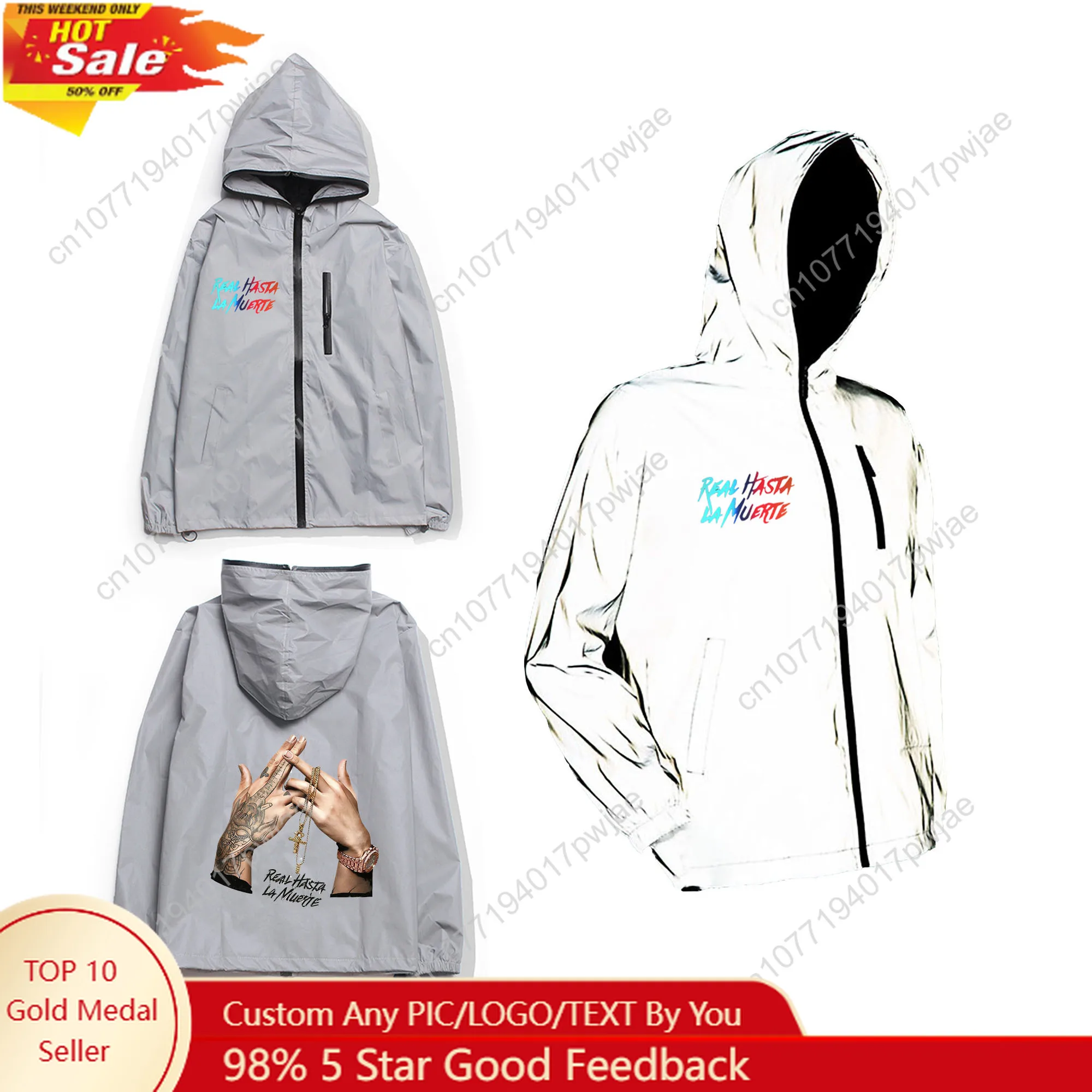 

Светоотражающая куртка Anuel AA Real Hasta la Muerte, мужское и женское пальто, ветровка с капюшоном, куртки с карманами для бега, толстовка на молнии по индивидуальному заказу