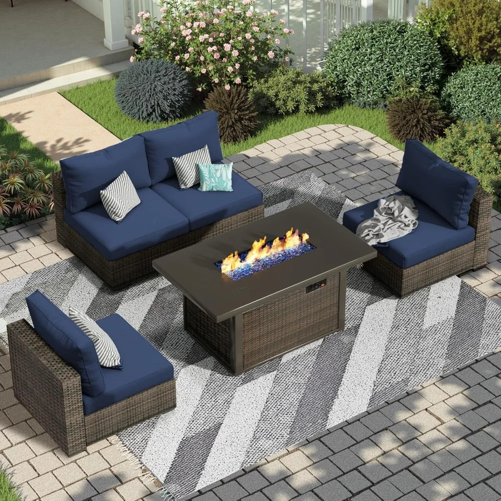 

5 Pieces Patio Furniture Set with 44" Fire Pit Table, Rattan Outdoor Sectional Conversation Sets, All Weather Outdoor Furniture