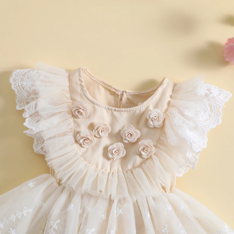 2022-12-30 Lioraitiin 0-18M Baby Girls Dress Fly Sleeve Crew Neck Flower Lace Tulle Patchwork A-line Romper Dress