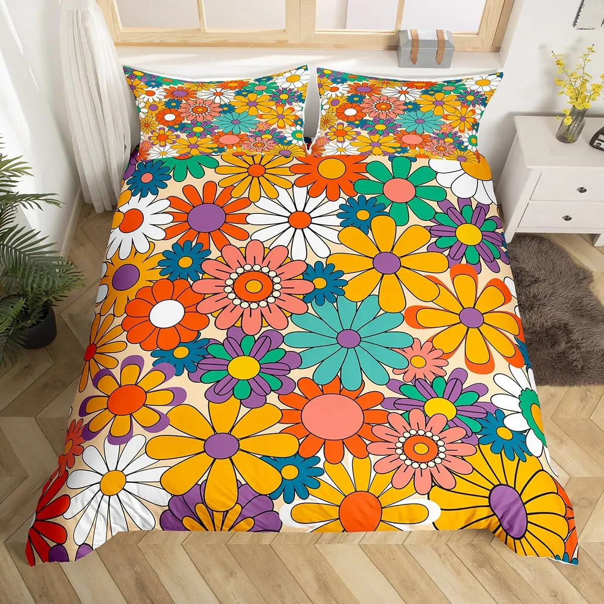 Colorful Flower Bedding Set for Girls Queen Groovy Floral Duvet Cover 60s 70s Funky Style Hippie Geometric Plaid Comforter Cover