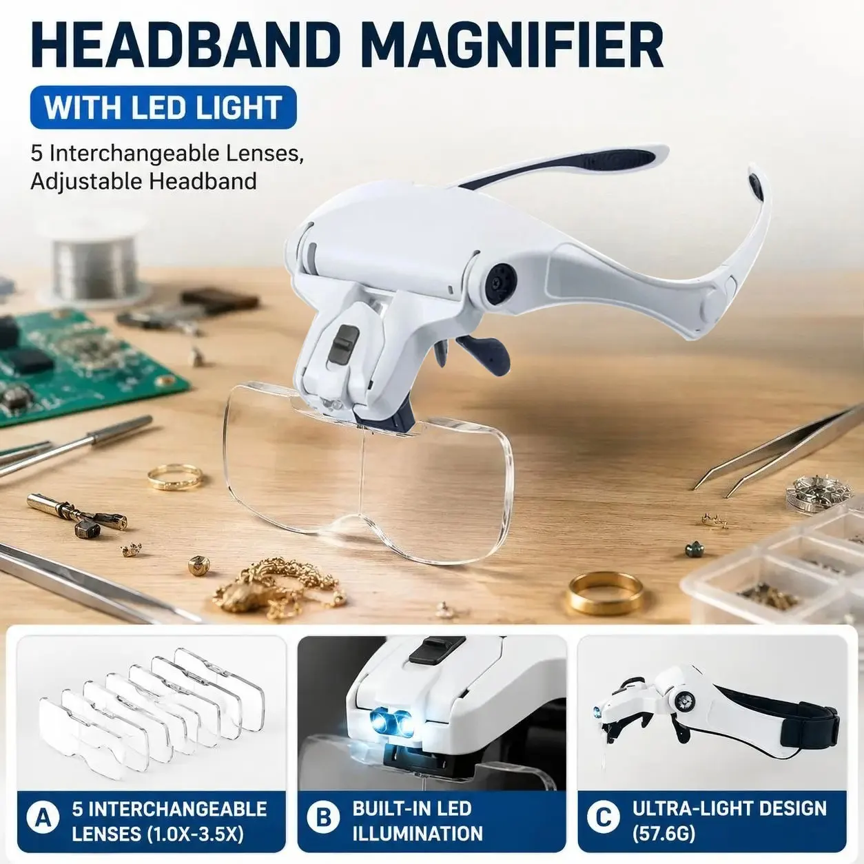 LED Head Mounted Magnifier with 5 Interchangeable Lenses 10X to 35X Adjustable Focus Hands Free Loupe for Precision Work and Detailed Inspection Ideal for Jewelry Craft Soldering Electronics and Hobbyist Projects