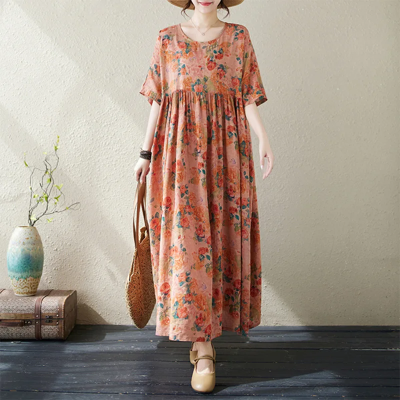 Johnature Summer Vintage Casual Dresses 2024 New Floral Print Loose O-neck Short Sleeve Pockets Simple Comfortable Women Dresses