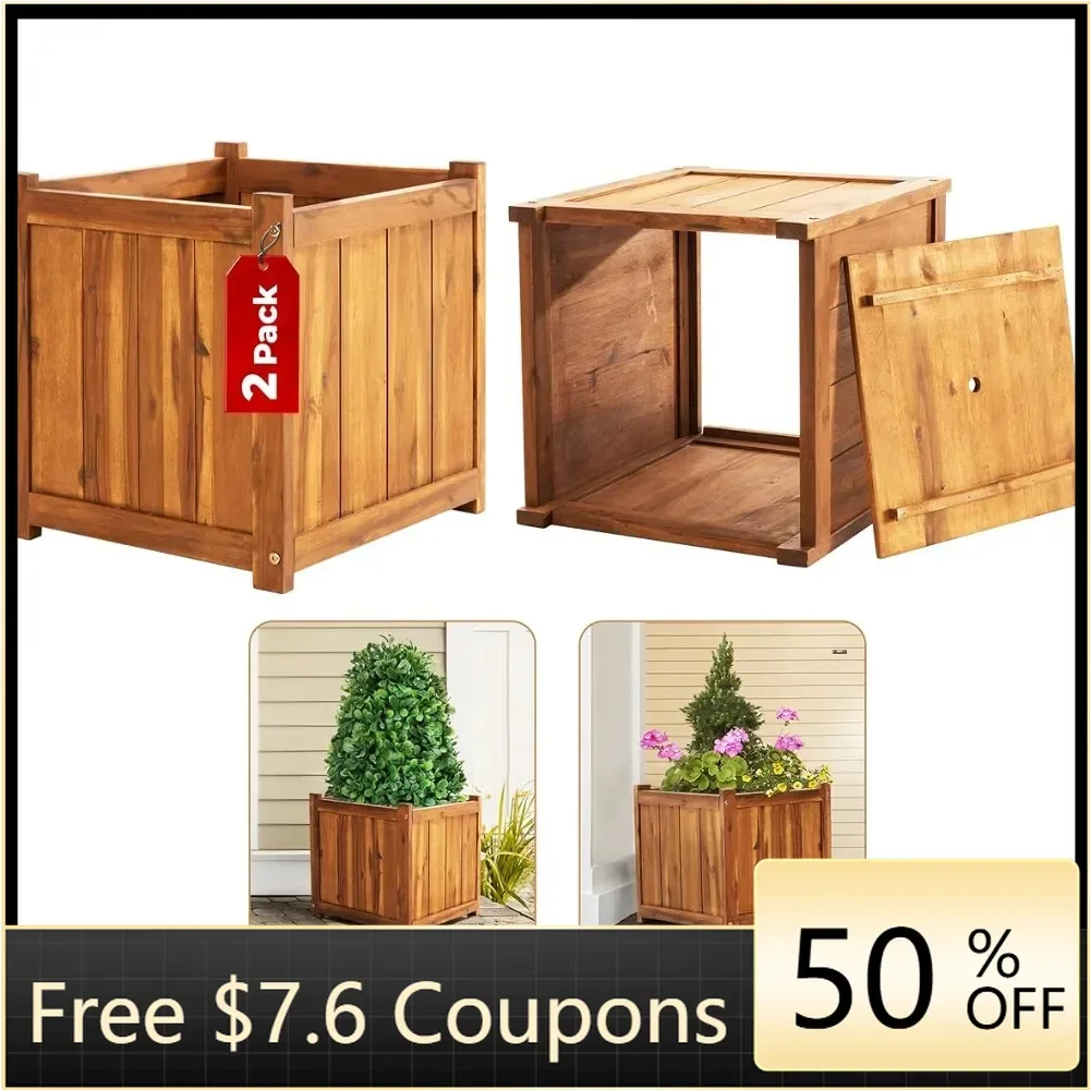 Set of 2 Hardwood Outdoor Flower Box Pots for Plants Drainage freight free