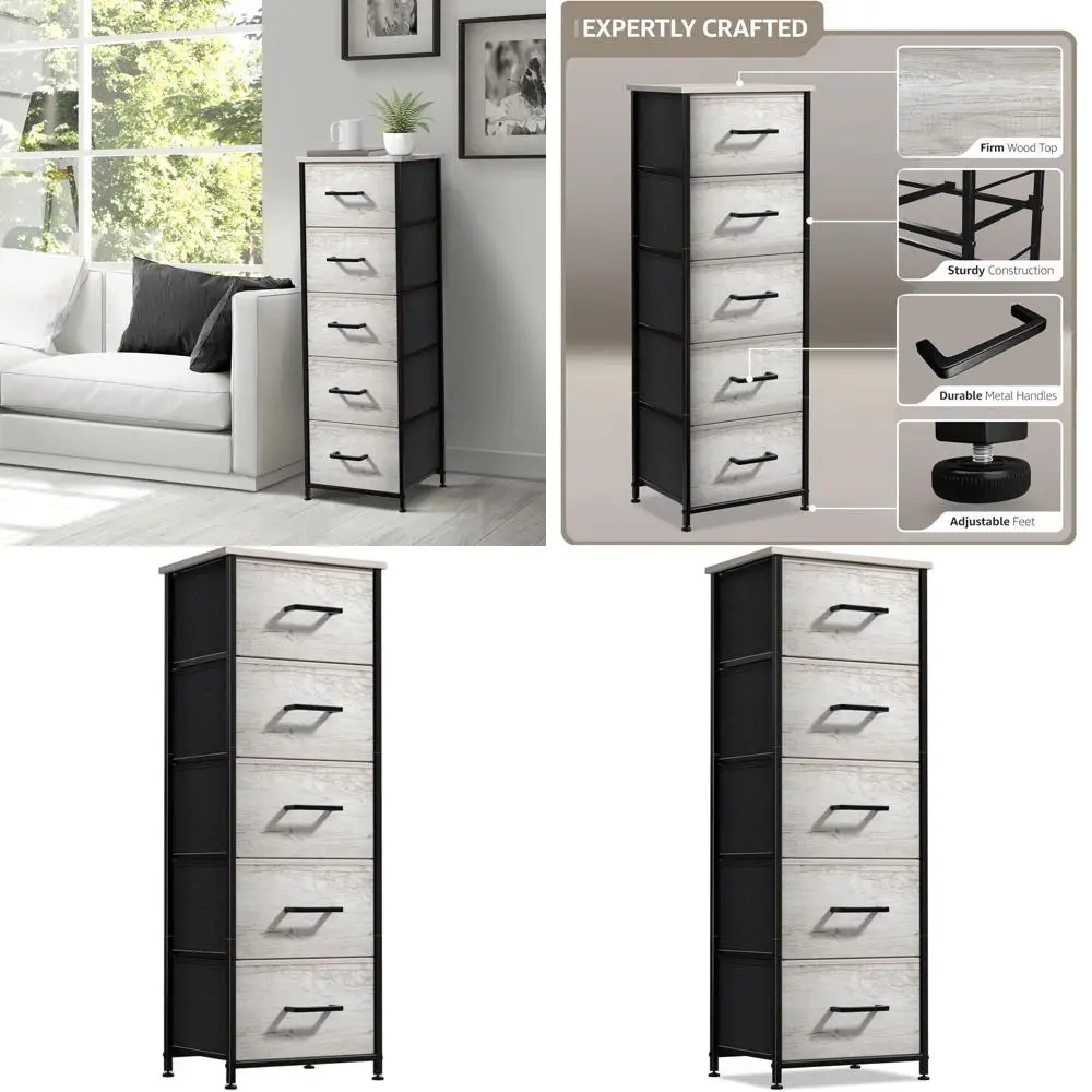 

Высокий прикроватный шкафчик с 5 ящиками под дерево, стальным каркасом и деревянной столешницей для хранения вещей в спальне, гостиной или общежитии