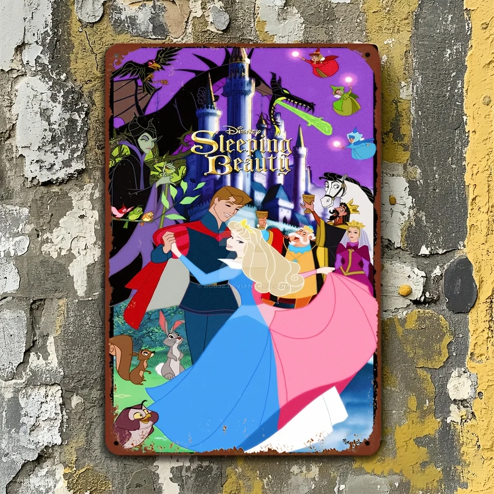 Arte de pared de Metal con temática de Bella Durmiente, Aurora y Maléfica, letrero de estaño vibrante de 8x12 pulgadas para decoración del hogar, Bar, cafetería y garaje, 1 ud.