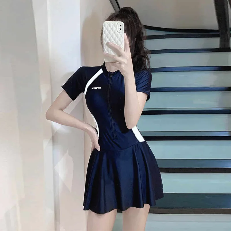 Swimsuit Women's One-piece Sports Hot Spring Swimsuit Simple Conservative Slim Fit Dress Style Vacation Swimsuit Wholesale