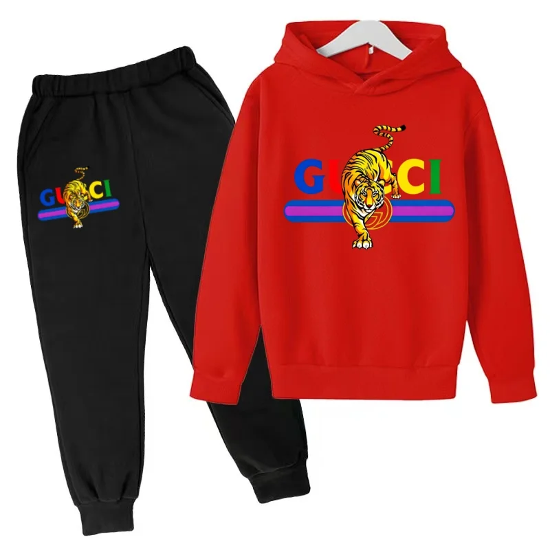 Kids New Charming Tiger Print Hoodie Running Clothing Routine Sweatshirt+Pants 2P Boy Girl Toddler 3-12 Years Casual Fashion Set