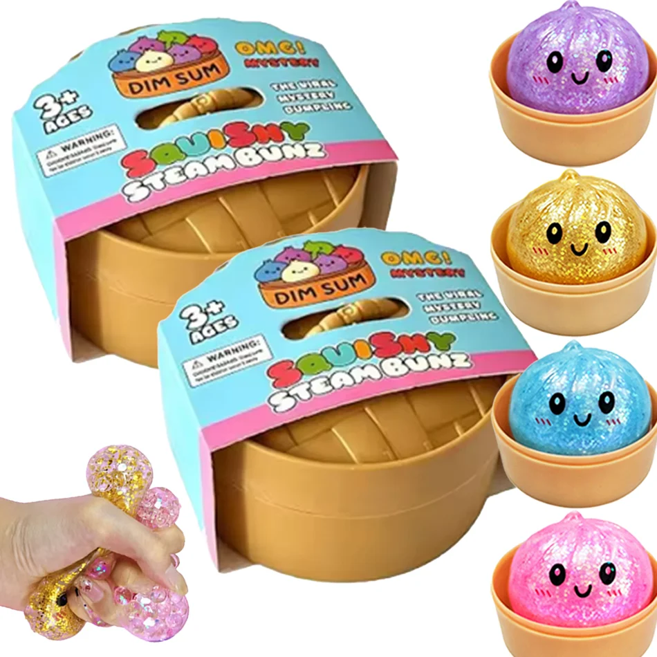 Dumpling Squishy Pailleté avec Boîte, Jouet Sensoriel en TPR Souple en Forme de Boulette de Pâte pour la Décompression, Jouet Anti-Stress, Cadeau