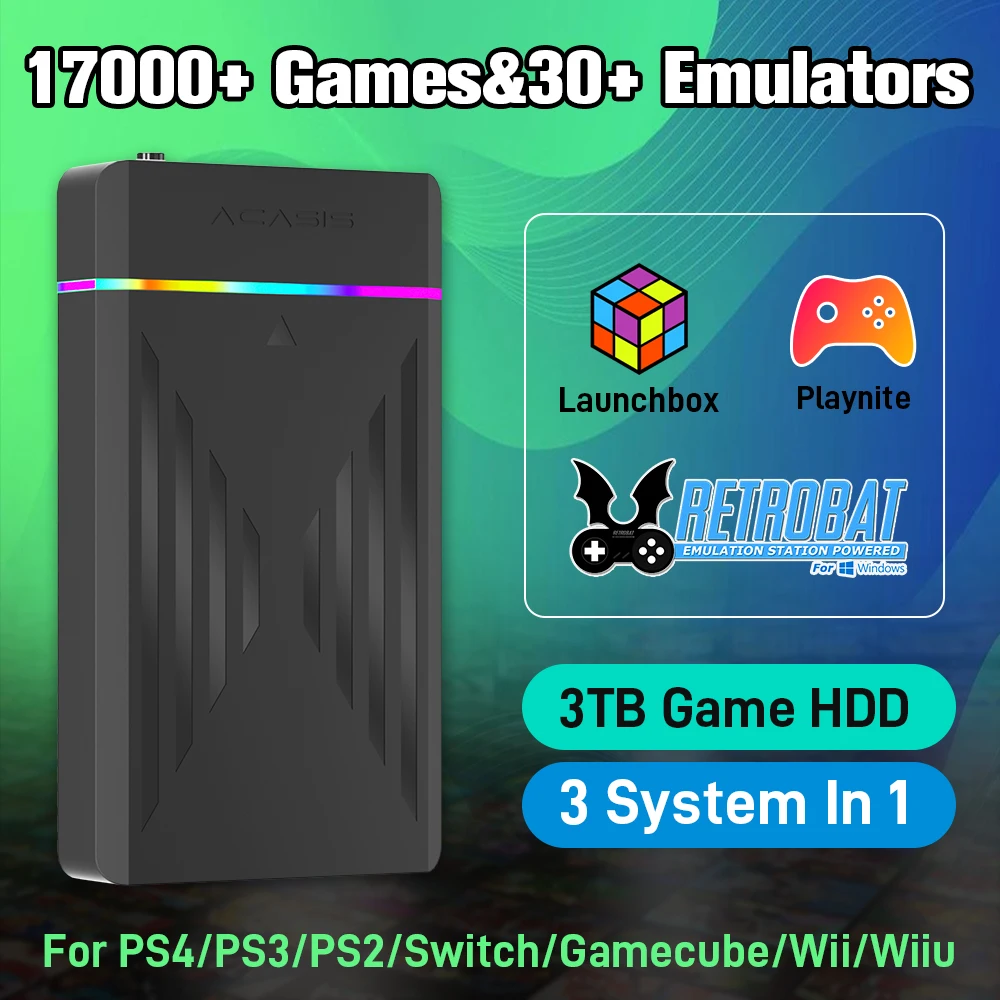 Emulador de Consoles de Jogos 3TB Launchbox/Retrobat/Playnite com 17000+ Jogos e 30+ Emuladores para PS4/PS3/N64/Switch/PS2