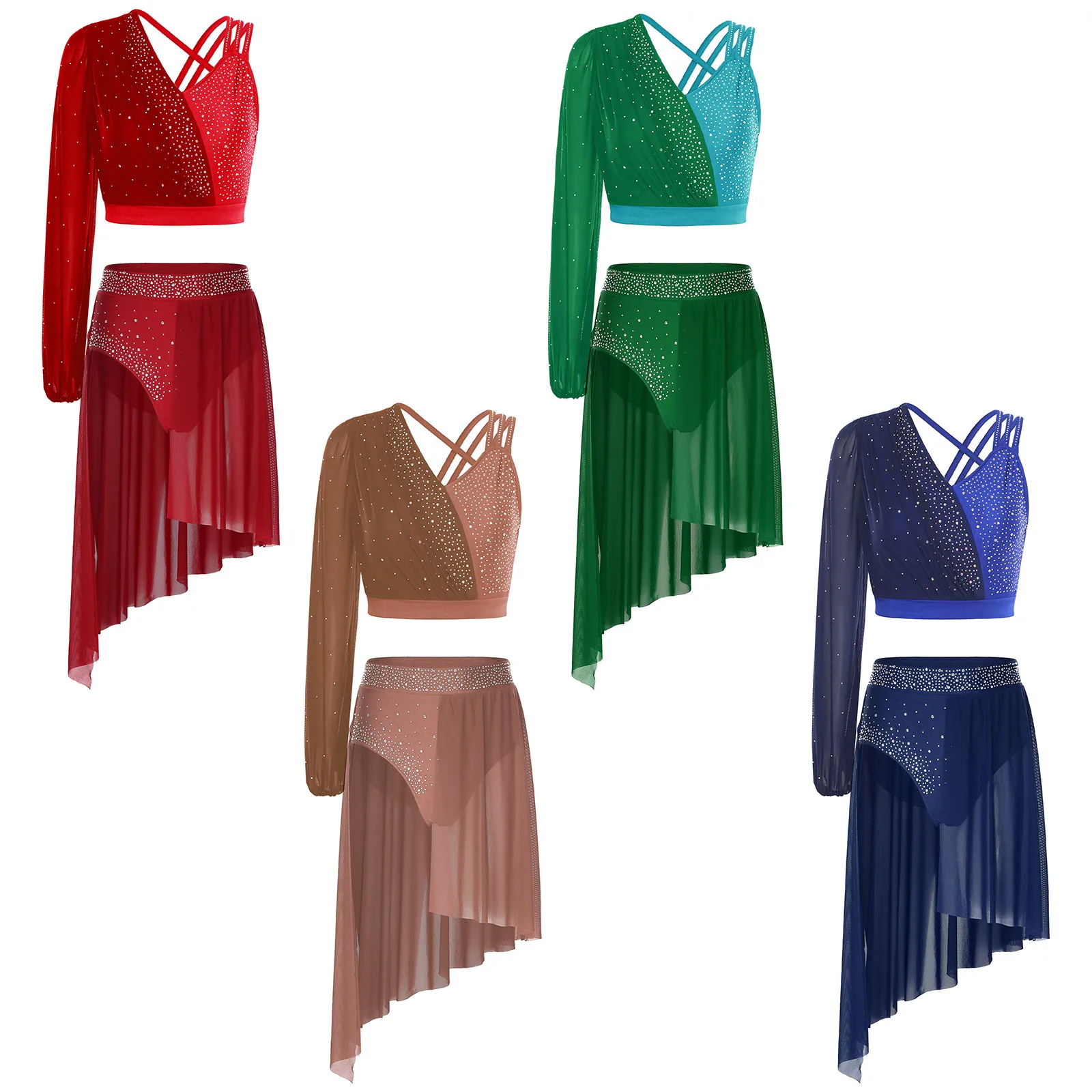 

Women Sparkly Rhinestones Dance Top and Skirt Set Modern Lyrical Ballet Dance Costume Rhythmic Gymnastics Figure Skating Outfits