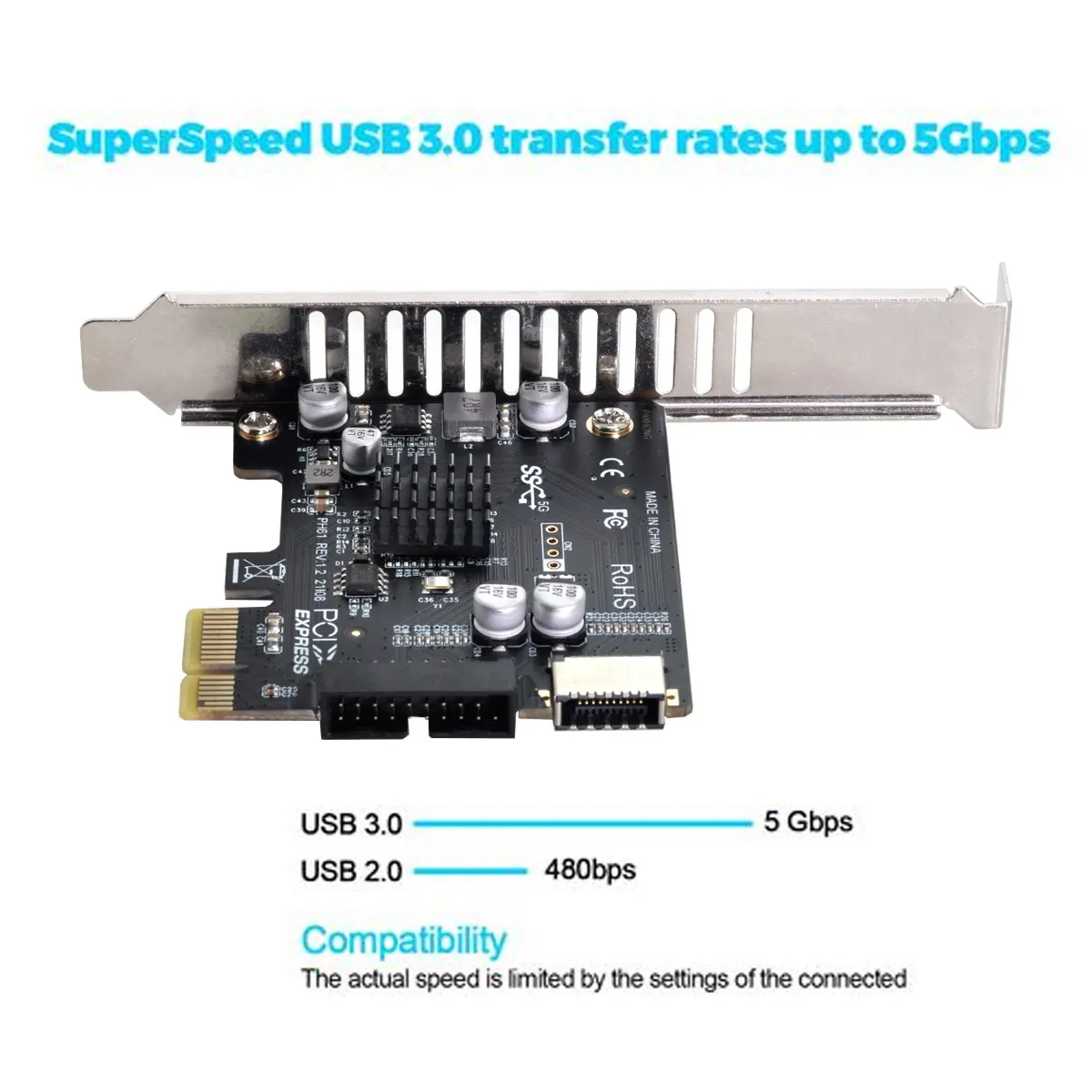 5Gbps Buchse & USB 2,0 zu PCI-E 1X Express Adapter Typ-E USB 3,1 Front Panel