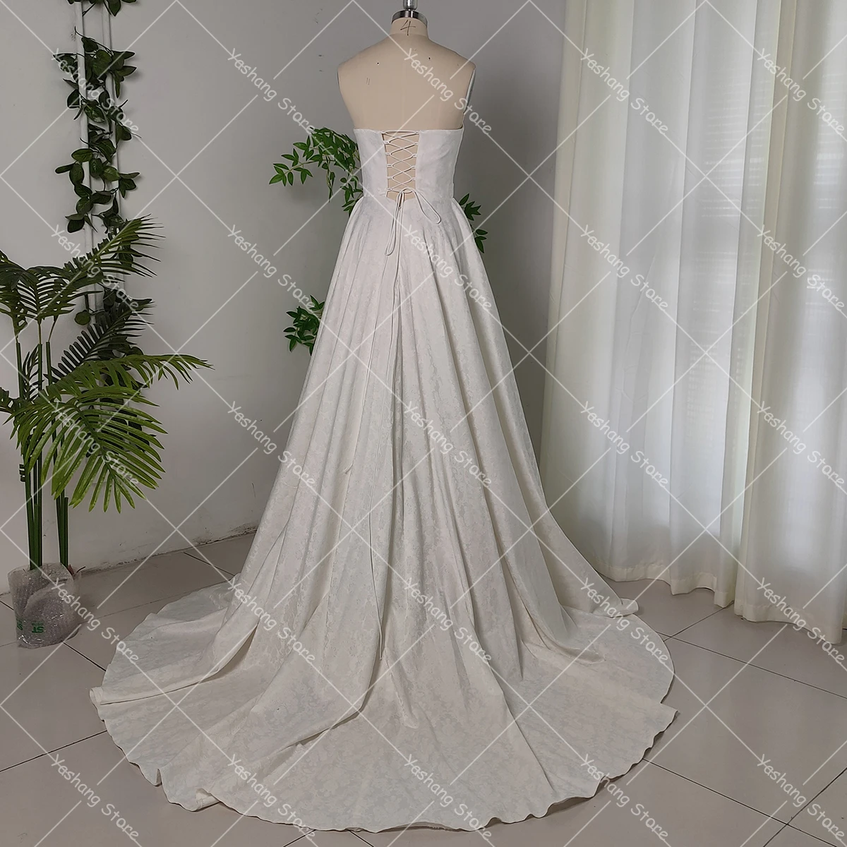 Real Photos Jacquard Satin Sweetheart Bridal Gowns Basque Drop Waist Customized Lacing Corset Plus Size Ivory Long Wedding Dress