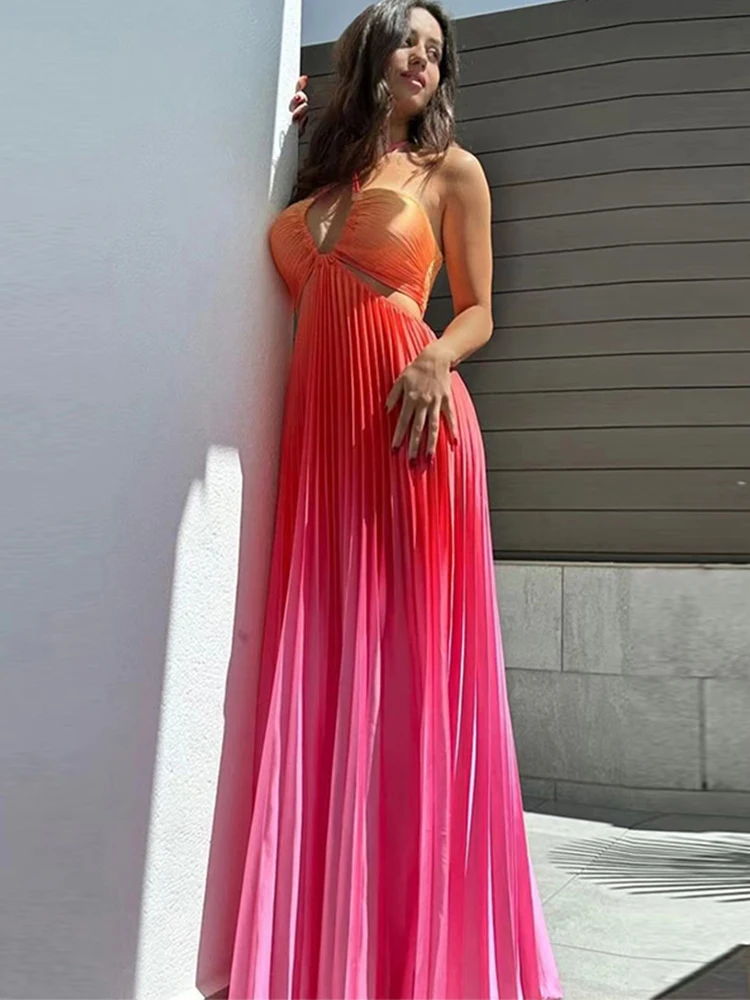 Gradient Color Female Dresses Elegant Slim Summer Beach Women’s Long Dress High Waist Low-cut Sleeveless New Fashion Long Dress