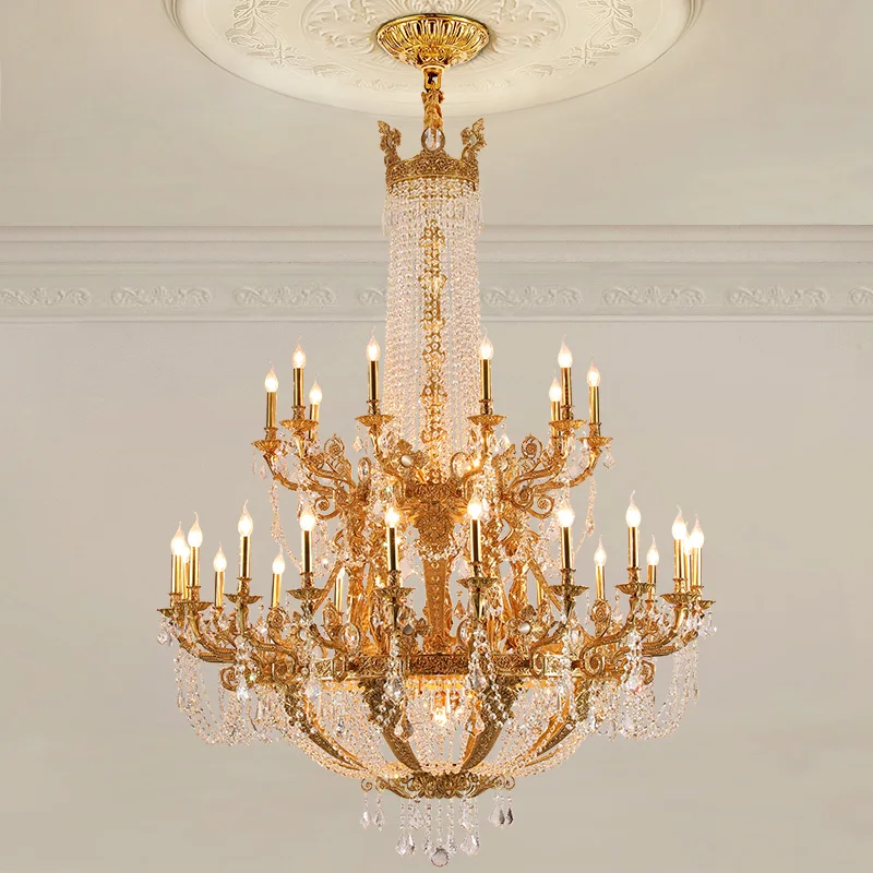French Empire Copper Crystal Chandelier Duplex Hall Church Banquet Hall Pendant Light Copper Large Luxury Hanging Luminaire
