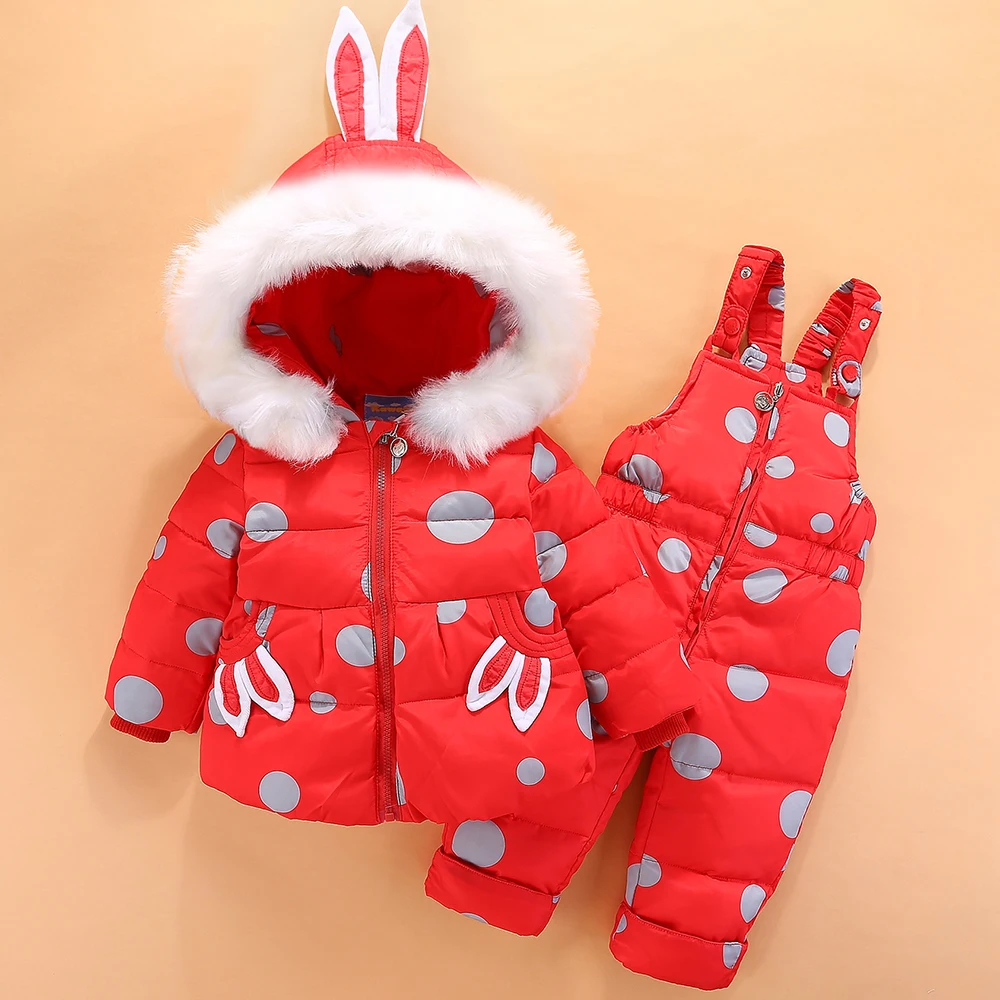 RAISE Winter Baby Girls 2PCS Set Rabbit Ear Soft Fur Hooded Infant Girl Down Jacket Snowsuits Contrast Dot Strappy Pants Outfits