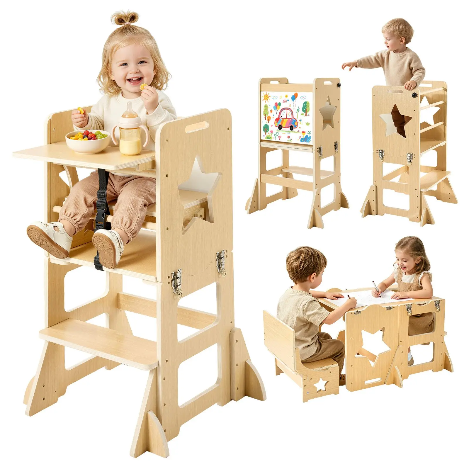 Toddler Tower, Wooden, 6 in 1 Kitchen Step Stool for Kids 1-5, Montessori Weaning Table and Chair Set, Learning Standing Tower