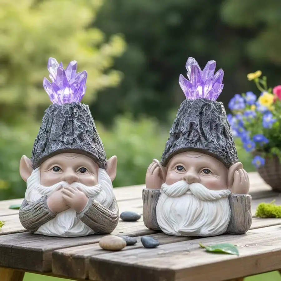 

Solar Garden Gnome Statues with Purple Crystal LED Lights, Resin Outdoor Decor for Patio Yard Lawn, Cute Dwarf Figurines with