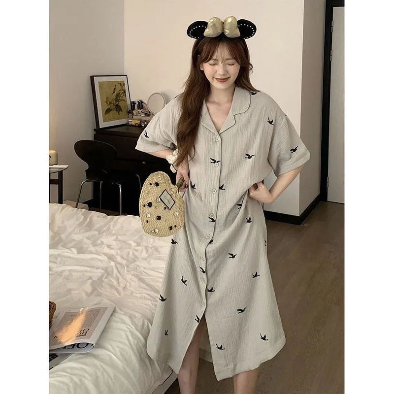 Bird Print Omen Nightgown Summer Korean Sleepwear Ruffles Night Dress Turn Down Collar One Piece Pajamas Short Sleeve Home Wears