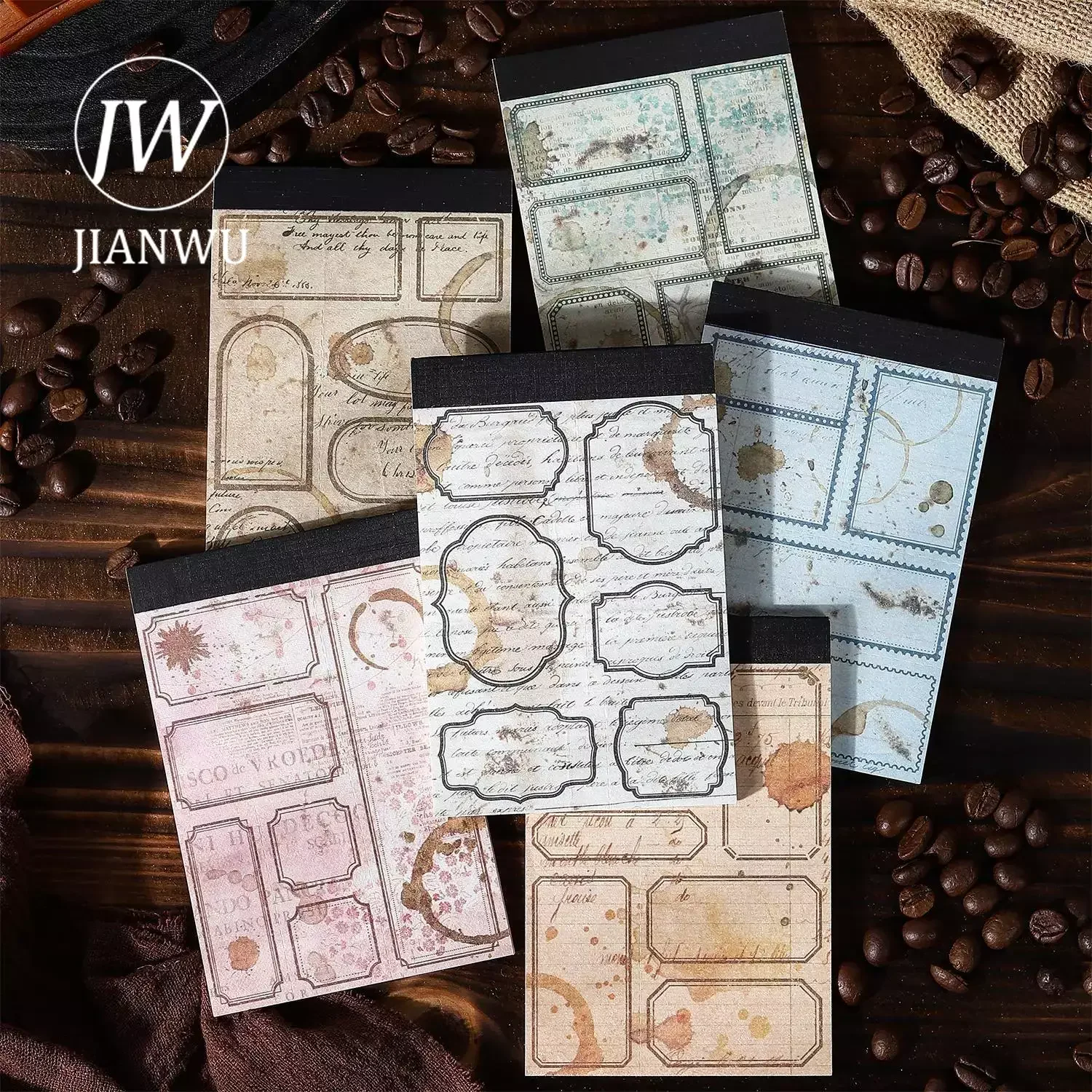 JIANWU 30 Sheets Coffee Diary Series Vintage Border Tearable Decor Memo Pad Creative DIY Junk Journal Collage Stationery