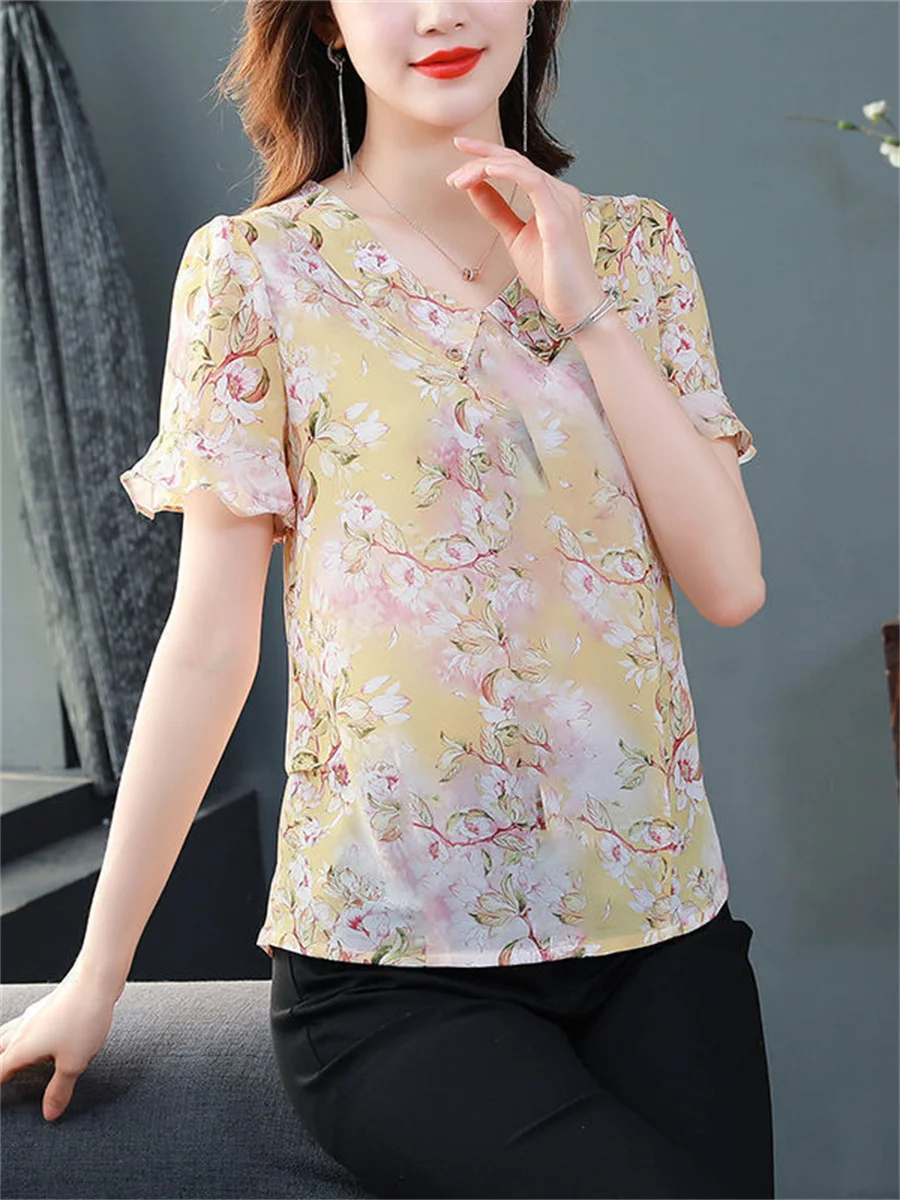 4XL Women Spring Summer Blouses Shirts Lady Fashion Casual Short Sleeve Turn-down Collar Flower Printing Blusas Tops G2133