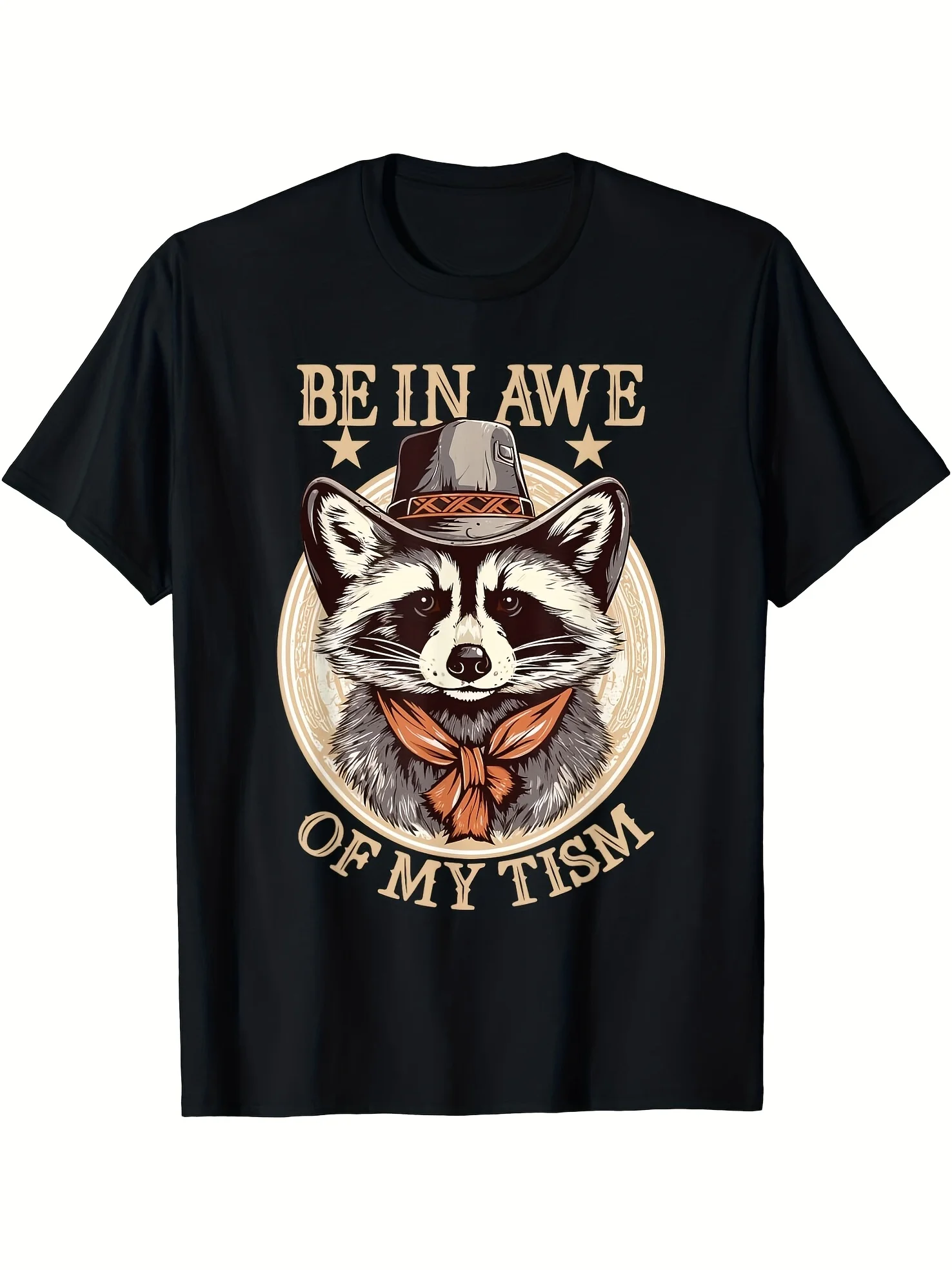T-shirt humoristique avec motif de raton laveur 'Be In Awe Of My Tism', cadeau pour l'autisme, t-shirt unisexe en coton avec design graphique, col rond décontracté