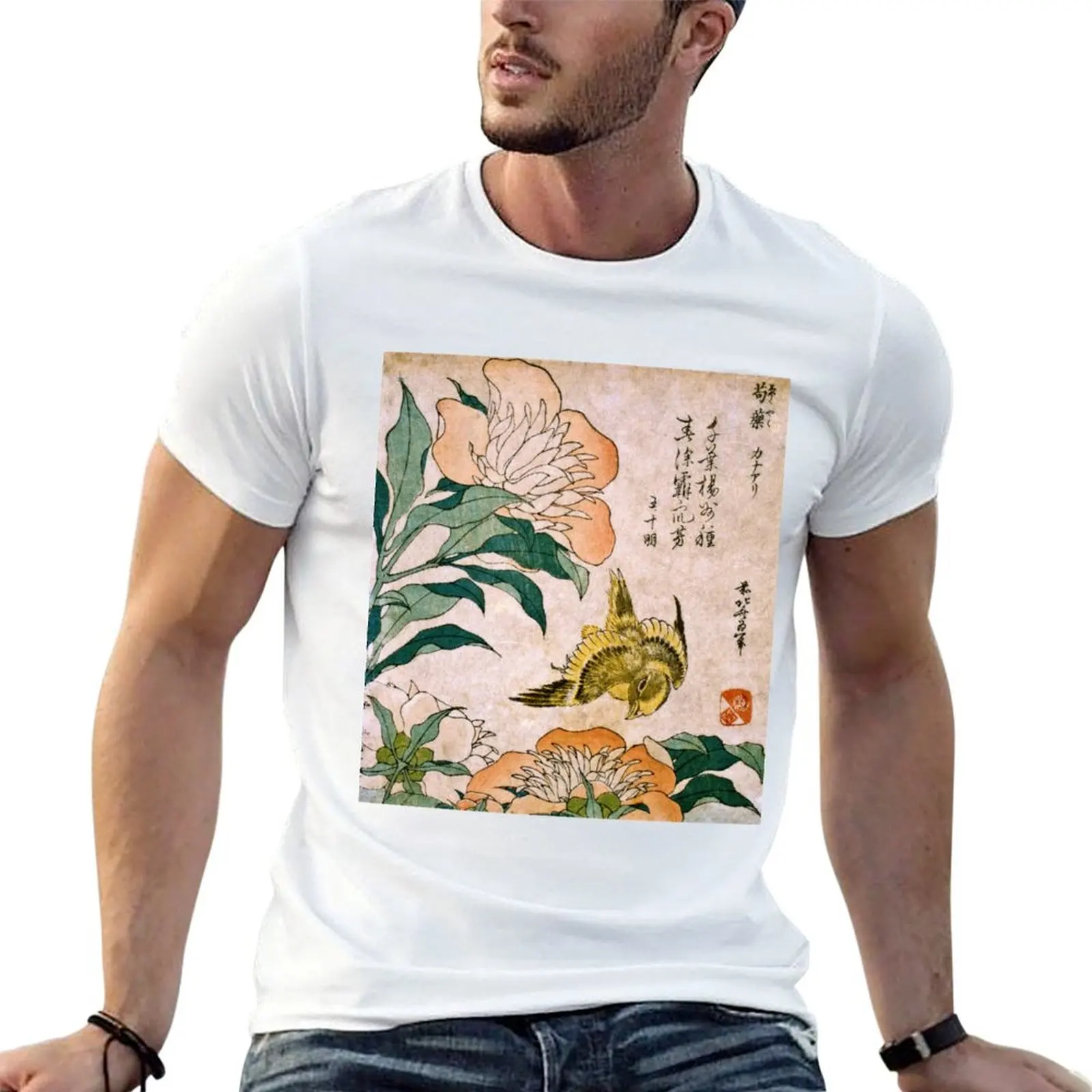 Hokusai Katsushika: camiseta con estampado de peonías y canarios, ropa de estilo estético, ropa de estilo hippie, camisetas blancas para hombre.