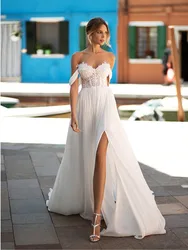 Beach Off Shoulder Wedding Dresses Sweetheart Appliques High Side Split A-line Chiffion Bridal Gown Vestido De Novia