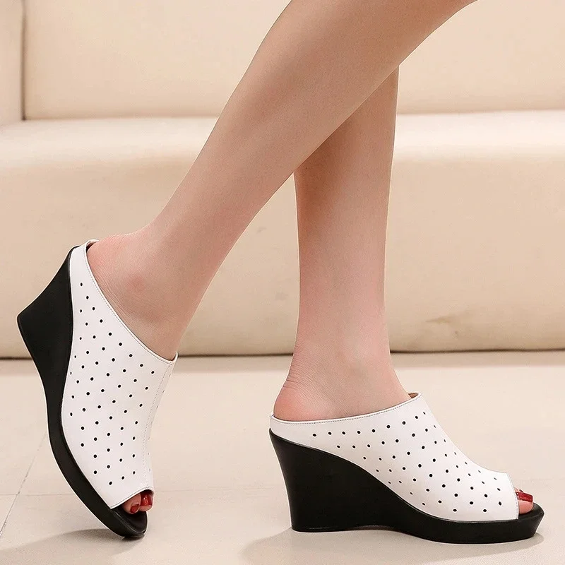 Hot Promotional Fish Mouth Summer Slipper Women Sandal Shoes Black  New Hollow Genuine Leather Slippers Wedge Sandals White