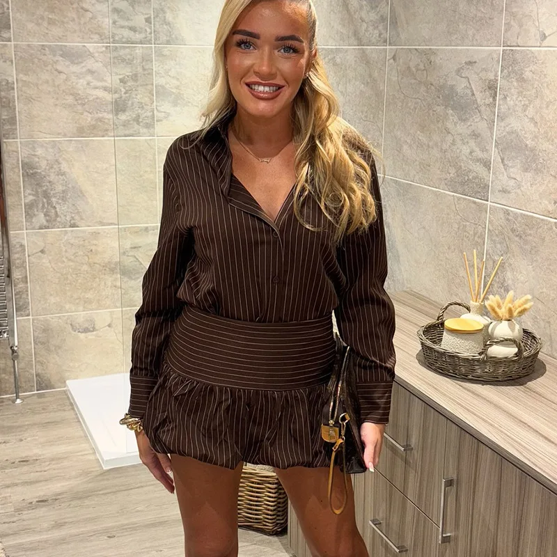 

2026 Autumn New Striped Lapel Long Sleeve Shirt High Waist Skirt Two Piece Set Women Autumn Clothing Elegant Versatile