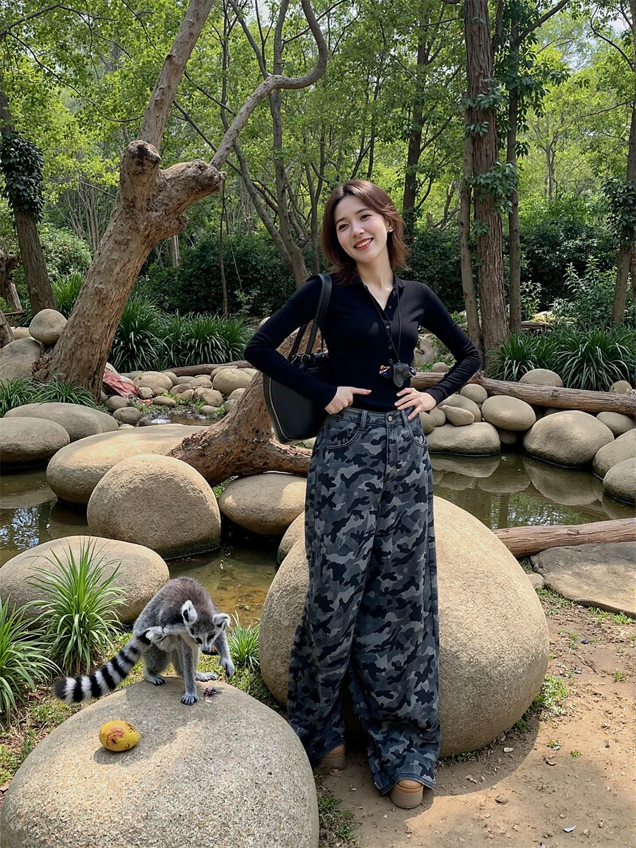 

Камуфляжные широкие джинсы в пол, женские черные эластичные брюки-клеш с высокой талией и карманами, мешковатые лоскутные брюки в корейском стиле с вышивкой