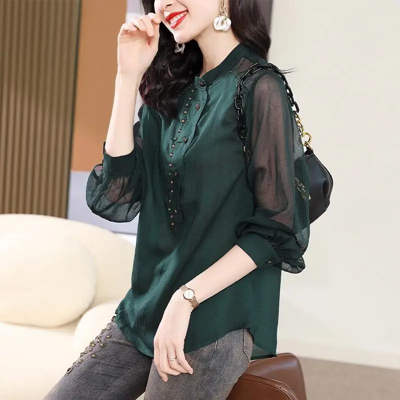 Vintage Solid Color Gauze Patchwork Shirt Stylish Embroidered Flares Button Female Clothing Stand Collar Spring Summer Blouse