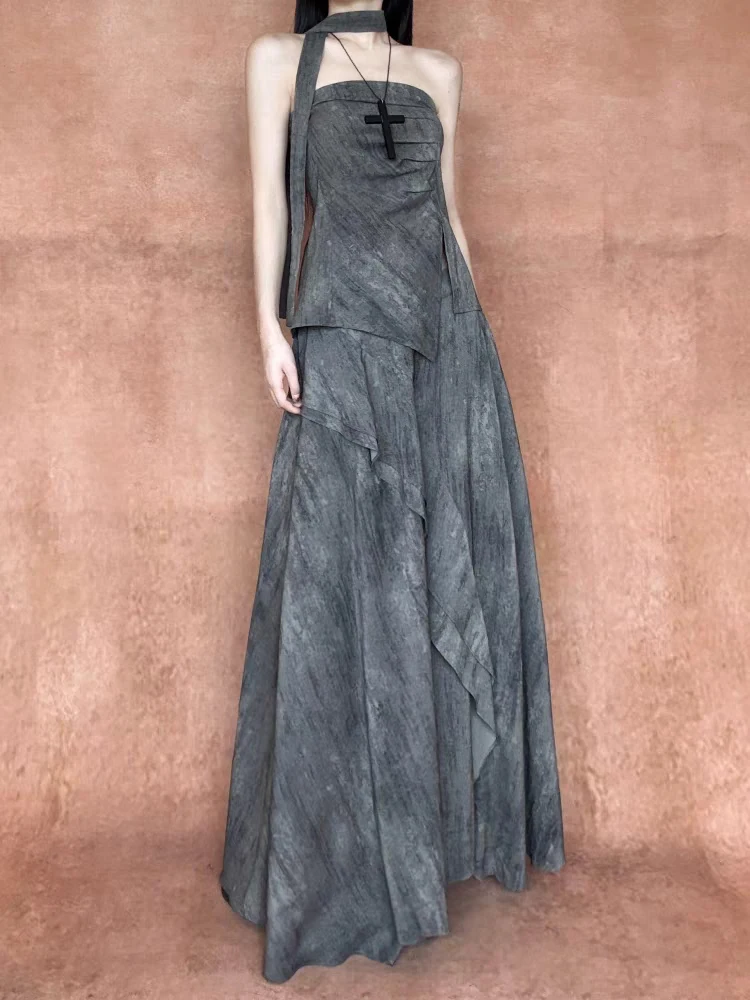 

New Chinese Sle Zen Inspired Women's Summer 2025 Design Sense Asymmetrical Tube Top Tank Vest And ter Skirt Two-Piece Set