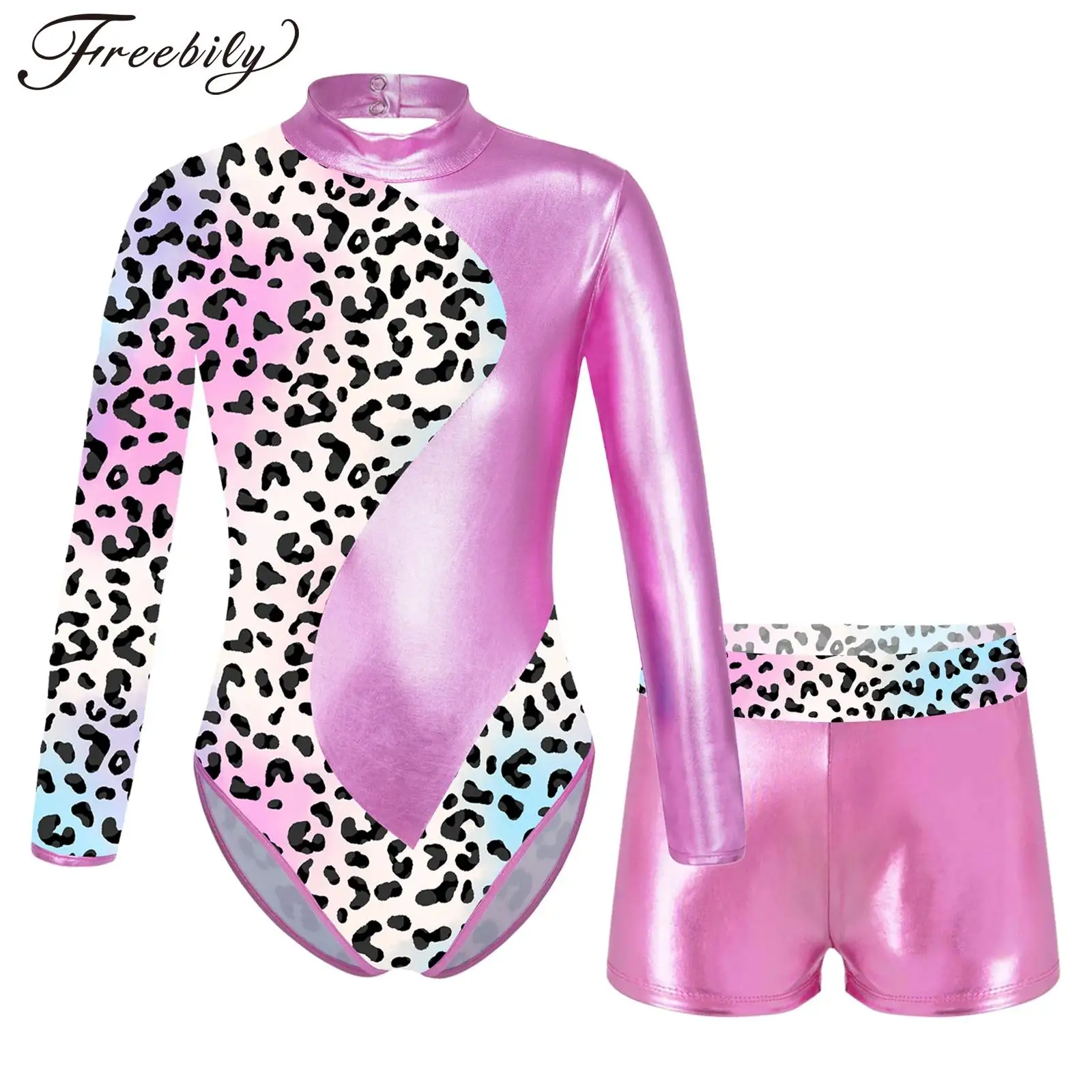 Kids Girls Ballet Dance Gymnastic Leotard Long Sleeve Print Bodysuit with Shorts for Skating Stage Performace Sports Swimwear