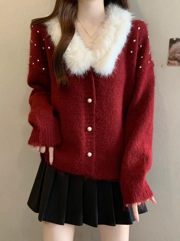 

Красный длинный вязаный свитер Све, пальто, женская свободная посадка, зимняя верхняя одежда, повседневная одежда из мягкого полиэфирного волокна, обычная длина