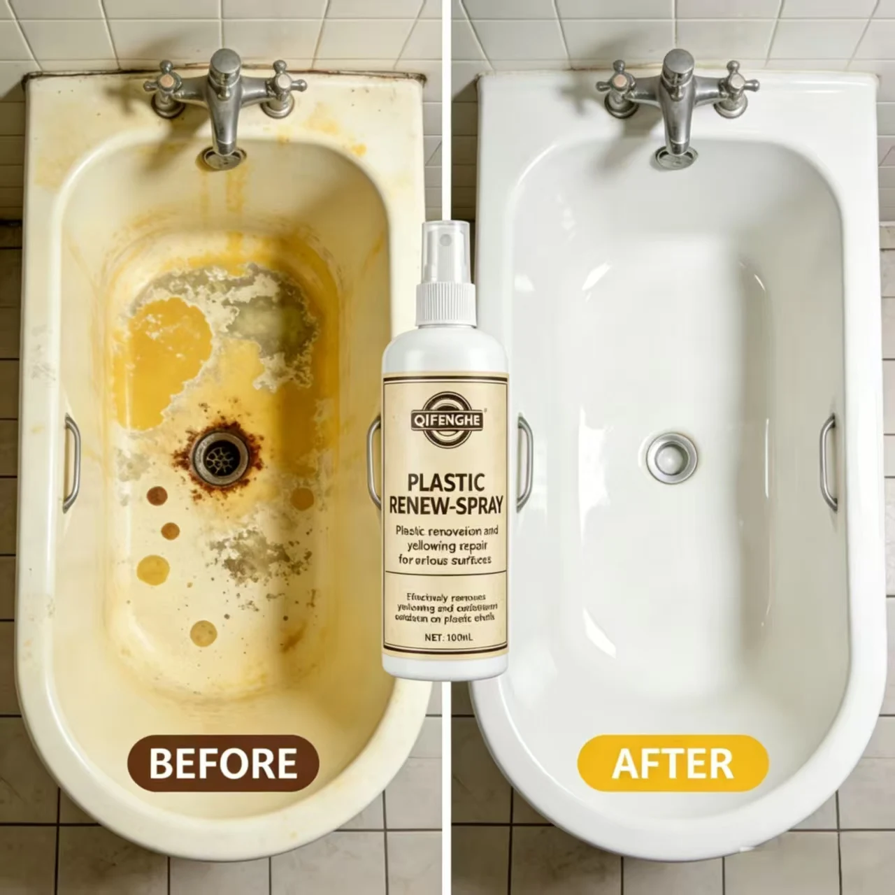 QiFENGHE 100ML Bathtub Yellowing Remover Spray Plastic Ceramic Renovation Cleaner Removes Oxidation Stains Brightens For Bathroo