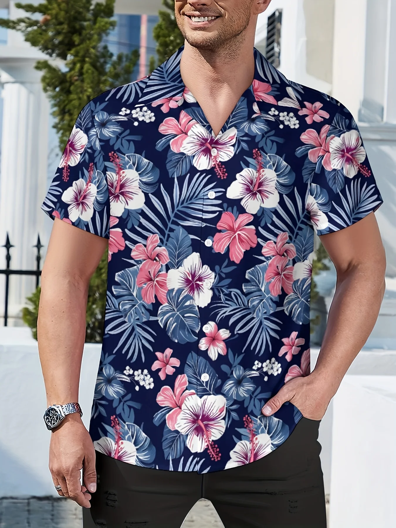 Men Navy Hibiscus Palm Leaf Tropical Beach Cuban Collar Short Sleeve Shirt