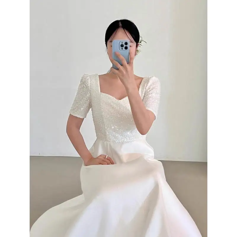 Vestido de casamento leve com lantejoulas de cetim, mangas curtas simples, certificado de noivado, vestido de noite personalizado